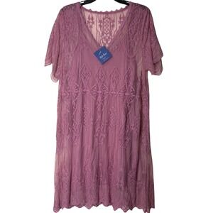 The Bluivy Mauve VNeck Embroidered Lace Shift Dress Large 2 Piece Sheer Boho NWT